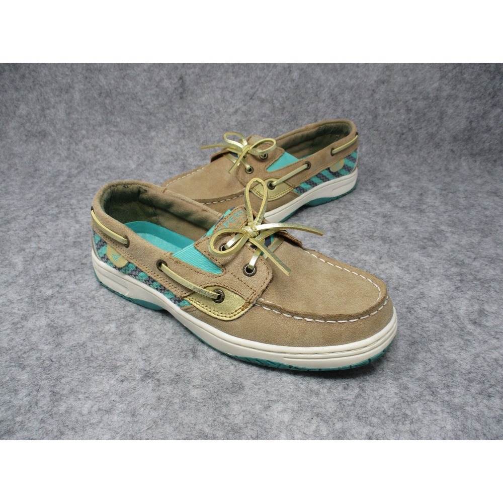 Sperry Top Sider Shoes Girls 5M Brown Teal Butterfly Fish Boat Sequin Kids Youth
